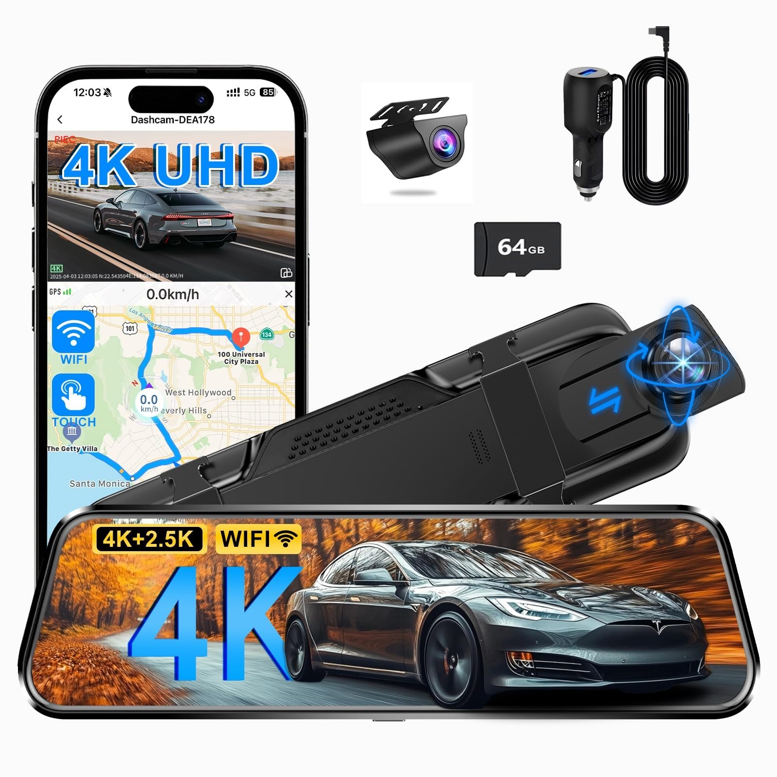 4K Dual Dash Camera for Car – Front & Rear View, Wi-Fi, Night Vision, G-Sensor,