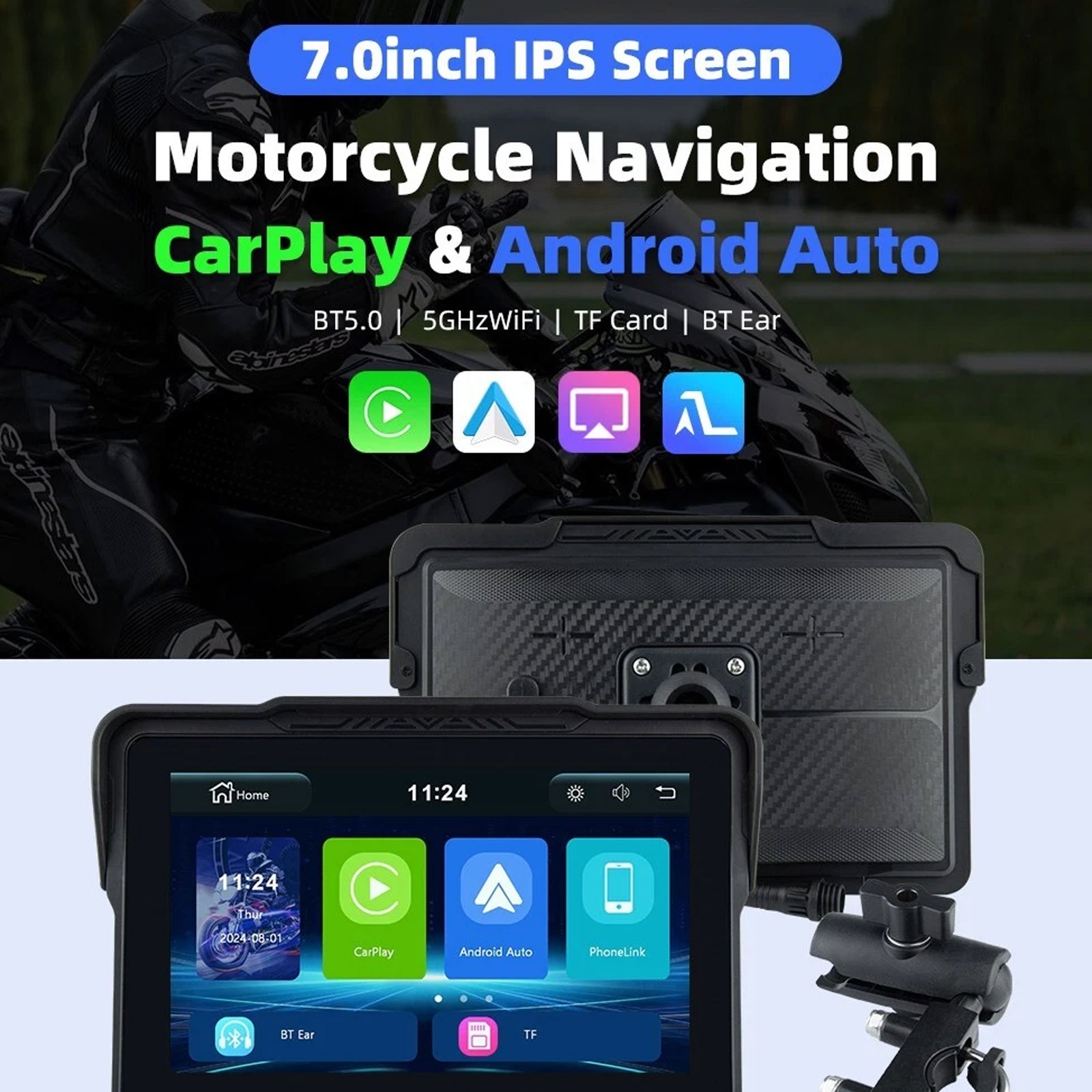 7 inch Motorcycle Android Auto Wireless IPS Touch Screen Carplay + Camera +TPMv6
