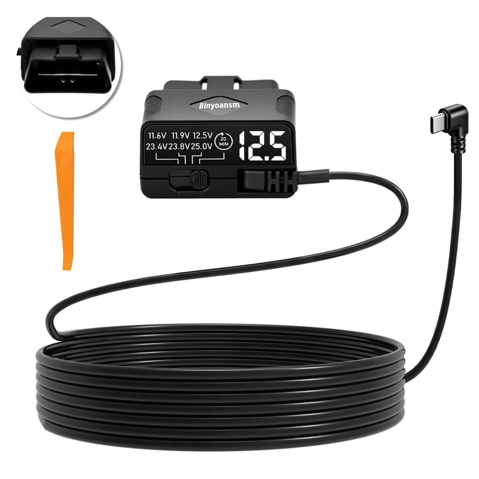 OBD2 Dash Cam Hardwire Kit USB-C, Plug & Play, LED Display, Low Volt Protection,