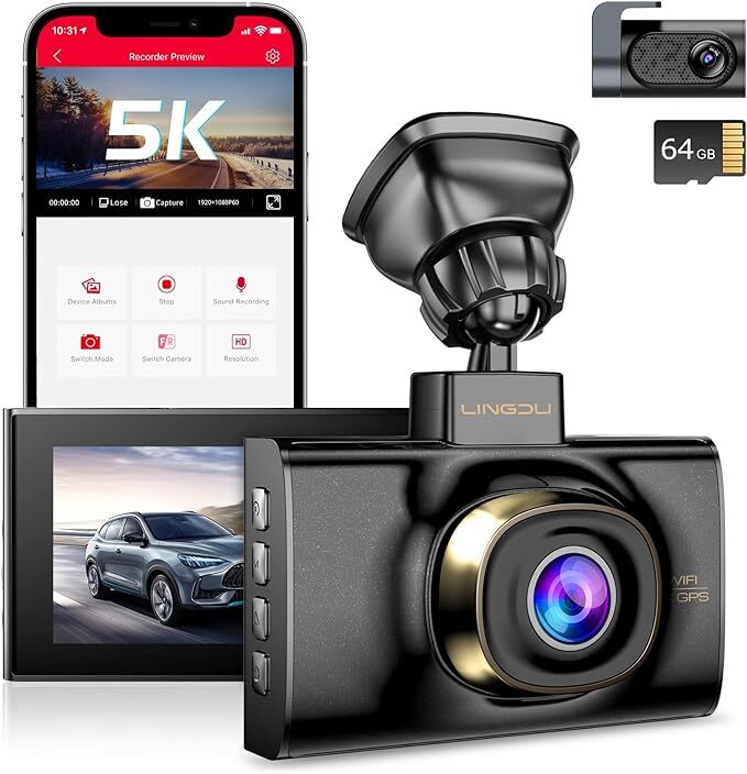 5K Dual Dash Cam 5GHz WiFi/GPS 4K+2K Camera APP Voice Control TF Card Included