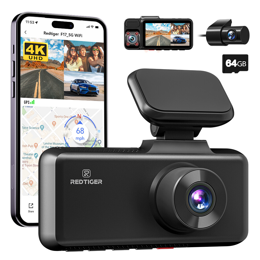 REDTIGER 4K 5G WiFi 3 Channel Dash Cam Front and Rear Inside Free 64GB SD Card