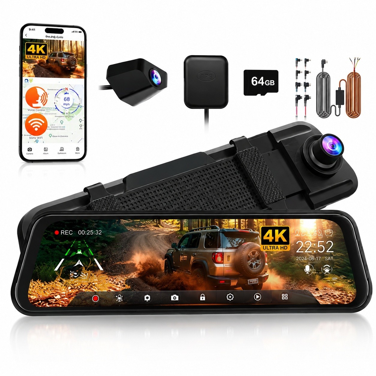 4K Dual Dash Cam Front Rear ADAS GPS WiFi Voice Control Car DVR WOLFBOX M40