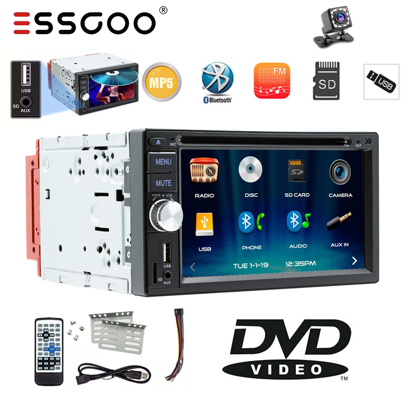 Double 2 DIN 6.2″ Touch Apple CarPlay DVD/CD Player Car Stereo Radio USB +Camera