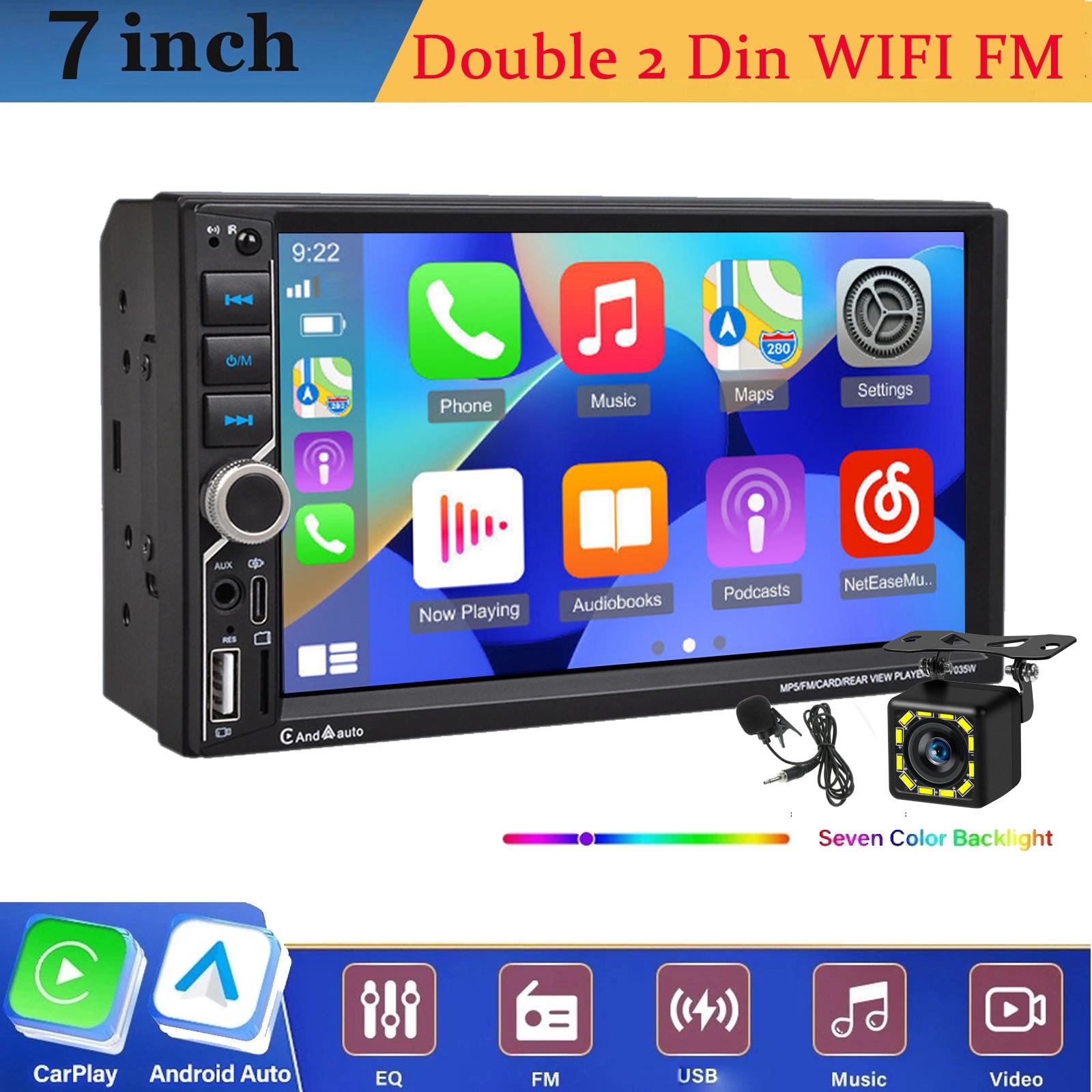Double Din Car Stereo Wireless Apple CarPlay 7″ touchscreen Bluetooth Radio +Cam