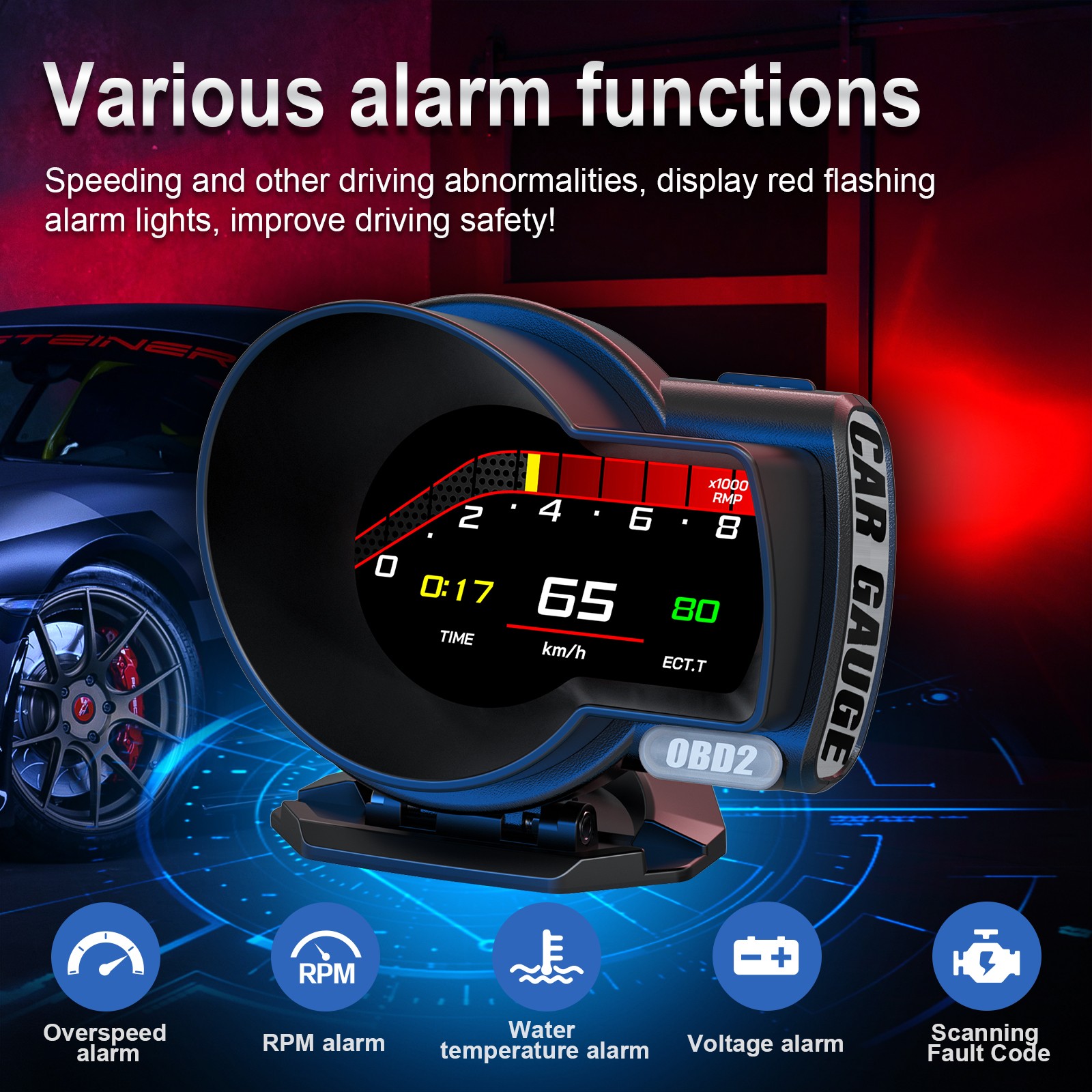 OBD-II HUD Head Up Display Car Alarm System For RPM Speedometer Features